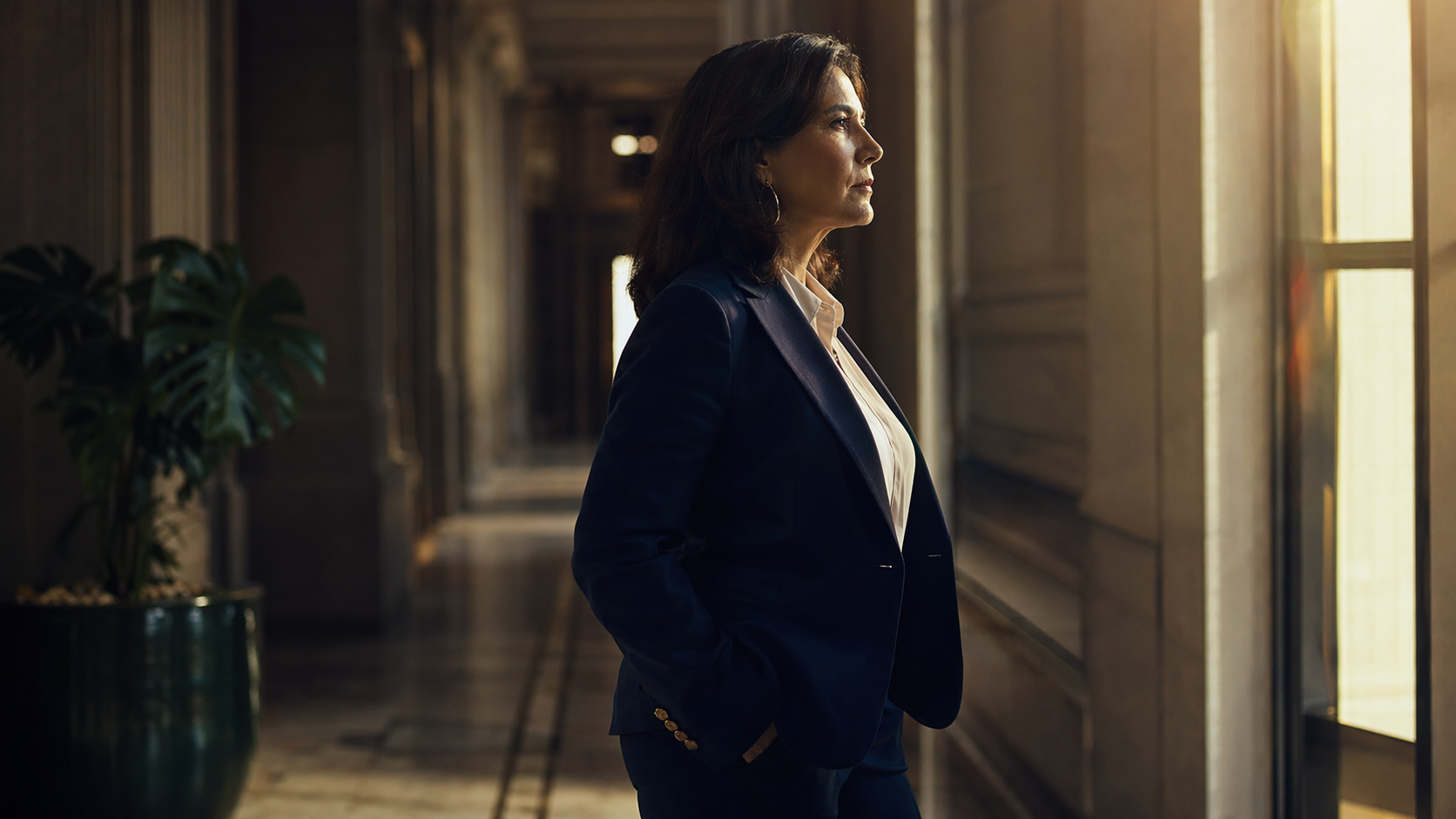 Advogada em hallway de tribunal